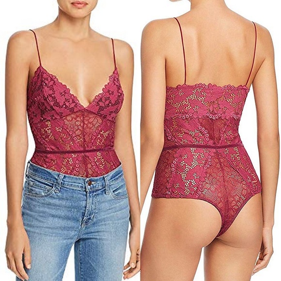 Guess Tops - GUESS Treon Lace Plum Wine Sleeveless Bodysuit